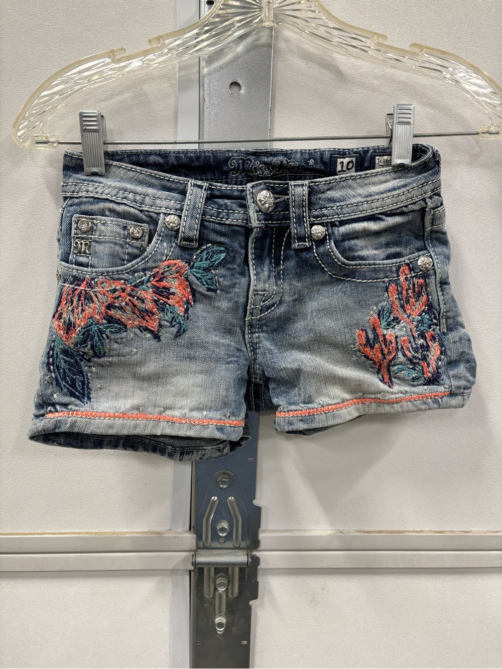 Miss Me Denim Shorts with Coral and Teal Embroidery